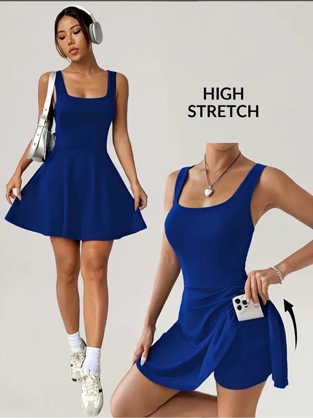 High Stretch Royal Blue Scoop Neck Skater Dress